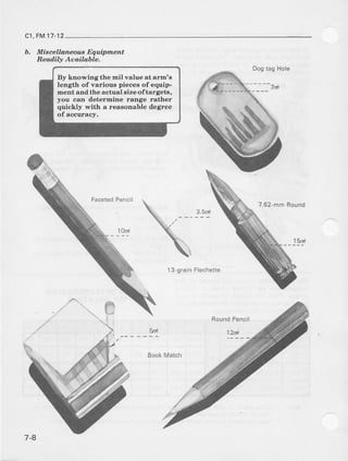 c1,FM17-12
b. Miacella.neoua Equipment
Readily Avail.oble.
By knowing the mil value at arm's
length of varioua pieces of equip-
ment and the actual size oftar:gets,
you can determine range rather
quickly with a reasonable deglee
of accuracy,
13 grainFlechette
Dogtag Hole
7.62-mrnRound
 