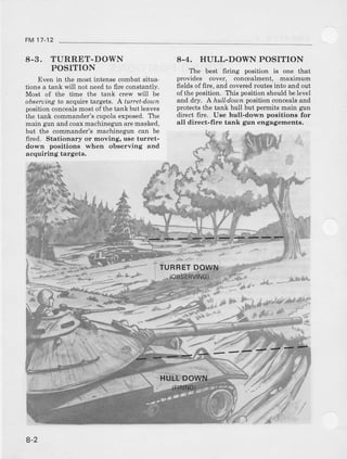 FM 17-12
8-3. TURRET-DOWN
POSITION
Even in the mostintensecombatsitua'
tions a tank i.ill not needto fiie constantly.
Most of the time the tank crew will be
obseruingto acquiretargets. A turret-dou)n
positionconcealsmostofthe tankbut leaves
the tank commander'scupolaexposed.The
main gun andcoar<machinegrnaremasked,
but the commander'smachinegun can be
fircd. Stationary or moving, use turret-
down positions when observing and
acquiring targets,
8-4. HULL-DOWNPOSITION
The best firing position is one that
provides cover, concealment, maximum
fieldsoffite, and covercdroutesinto and out
of the position. This positionshouldbelevel
ad dry. A hull-downpositionconcealsand
protectsthe tank hull but permitsmain gun
direct fire. Use hull-down positions for
all direct-fire tank gun engagements.
!,^ -_"t'
,, LX|1
.':
"../,'
h
IT
-:4a--
1.,,./
.rjtI1
6 - Z
l  ,
 