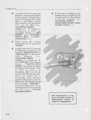 c1,FM17-12
r At nieht if the TC wants the
gunnerto usehis passivesights
or if the target is illuminated or
will be illuminated with visible
light, no searchlight elem€nt
need be given, and the gunner
will use his M32 (e.s.,
..GUNNER-SABOT-
TANK--"). If infrared il-
lumination is used, the
searchlight element is "RED
LIGHT" (e.e., "CUNNER-
HEAT-RED LIGHT _
ANTITANK__').
r When firing the coaxial
machinegunthe TC announces
,,coAX."
r At nicht whentheTC is required
to illuminate a target he wili
announce"WHITE LIGHT" or
'RED LIGHT" as the search'
lig ht element (e.c.,
..GUNNER-WHITE
LICHT--"). Unless the TC
says"STEADY" following the
rvords "WHITE,/RED
LIGHT," he will u6etbeflicker
techniqueof illumination. That
is, when one tank is il
luminating, light is on for ten
secondsand off for fiveseconds.
When two tanks are il
luminating, they alternate
periodsof illumination with the
light on for t€n secondsand off
for ten seconds."STEADY"
meansthe illumination will be
constantand will notceaseuntil
the TC says "CEASE
ILLUMINATION!''
r If the tank is required to il-
luminate its own target,the TC
announcesthat in this element
of the fire command (?.9.,
"GUNNER-SABOT-
WHITE (RED) LIGHT-SELF
ILLUM_TANK--."
Self illumination is the
least desirable meana of
illuminating targets at
night for engagement.
9-4
 