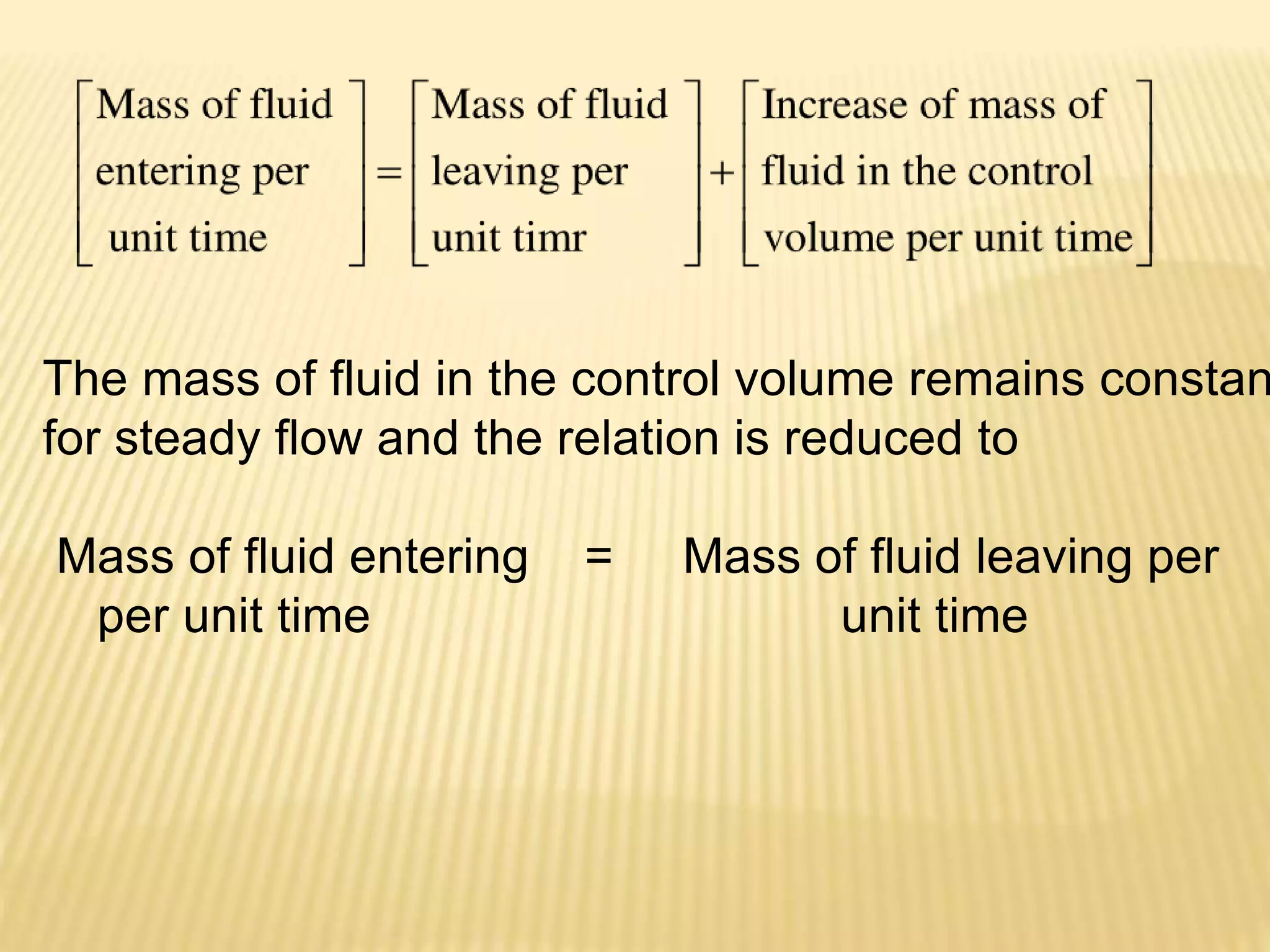 The mass of fluid in the control volume remains constan
for steady flow and the relation is reduced to
Mass of fluid entering = Mass of fluid leaving per
per unit time unit time
 