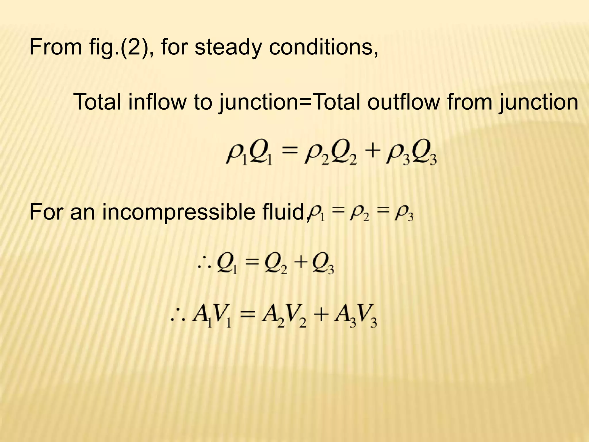 From fig.(2), for steady conditions,
Total inflow to junction=Total outflow from junction
For an incompressible fluid,
 