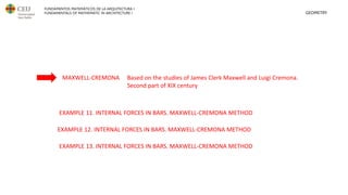 FUNDAMENTOS MATEMÁTICOS DE LA ARQUITECTURA I
FUNDAMENTALS OF MATHEMATIC IN ARCHITECTURE I GEOMETRY
MAXWELL-CREMONA
EXAMPLE 11. INTERNAL FORCES IN BARS. MAXWELL-CREMONA METHOD
EXAMPLE 12. INTERNAL FORCES IN BARS. MAXWELL-CREMONA METHOD
Based on the studies of James Clerk Maxwell and Luigi Cremona.
Second part of XIX century
EXAMPLE 13. INTERNAL FORCES IN BARS. MAXWELL-CREMONA METHOD
 