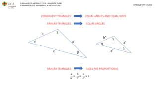 FUNDAMENTOS MATEMÁTICOS DE LA ARQUITECTURA I
FUNDAMENTALS OF MATHEMATIC IN ARCHITECTURE I INTRODUCTORY COURSE
SIMILAR TRIANGLES EQUAL ANGLES
CONGRUENT TRIANGLES EQUAL ANGLES AND EQUAL SIDES
SIMILAR TRIANGLES SIDES ARE PROPORTIONAL
 
