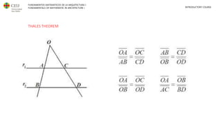 FUNDAMENTOS MATEMÁTICOS DE LA ARQUITECTURA I
FUNDAMENTALS OF MATHEMATIC IN ARCHITECTURE I INTRODUCTORY COURSE
THALES THEOREM
 