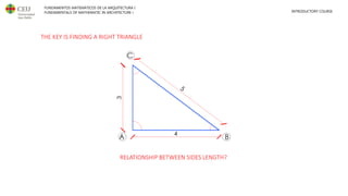 FUNDAMENTOS MATEMÁTICOS DE LA ARQUITECTURA I
FUNDAMENTALS OF MATHEMATIC IN ARCHITECTURE I INTRODUCTORY COURSE
THE KEY IS FINDING A RIGHT TRIANGLE
RELATIONSHIP BETWEEN SIDES LENGTH?
 
