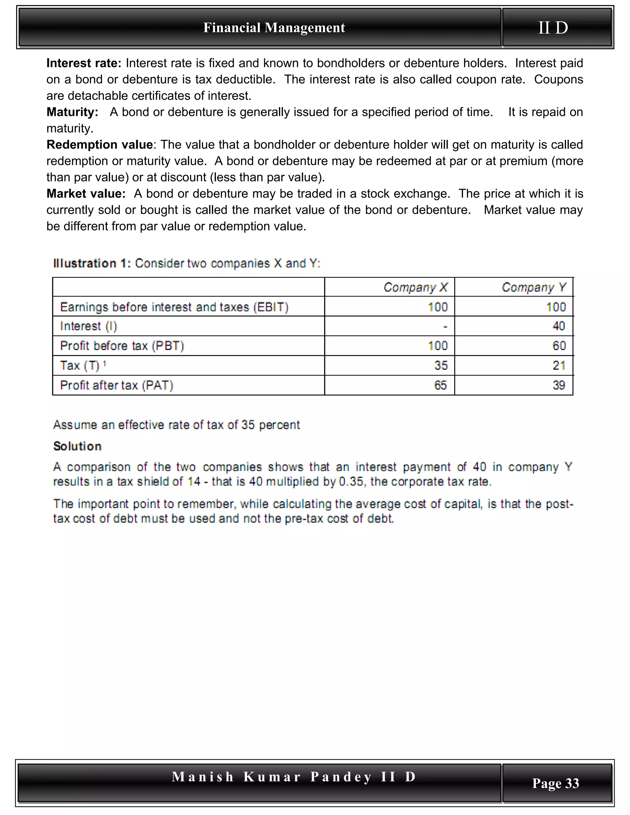 Financial Management                                         II D
Interest rate: Interest rate is fixed and known to bondholders or debenture holders. Interest paid
on a bond or debenture is tax deductible. The interest rate is also called coupon rate. Coupons
are detachable certificates of interest.
Maturity: A bond or debenture is generally issued for a specified period of time. It is repaid on
maturity.
Redemption value: The value that a bondholder or debenture holder will get on maturity is called
redemption or maturity value. A bond or debenture may be redeemed at par or at premium (more
than par value) or at discount (less than par value).
Market value: A bond or debenture may be traded in a stock exchange. The price at which it is
currently sold or bought is called the market value of the bond or debenture. Market value may
be different from par value or redemption value.




                      Manish Kumar Pandey II D                                          Page 33
 