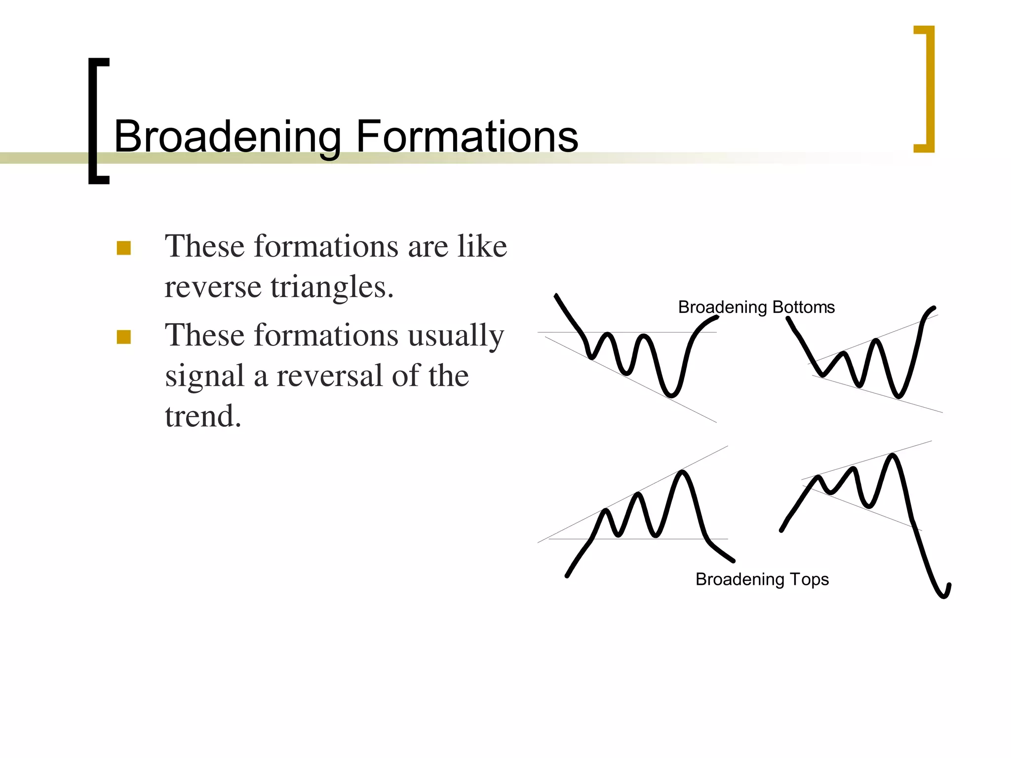 Broadening Formations
 These formations are like
reverse triangles.
 These formations usually
signal a reversal of the
trend.
Broadening Tops
Broadening Bottoms
 