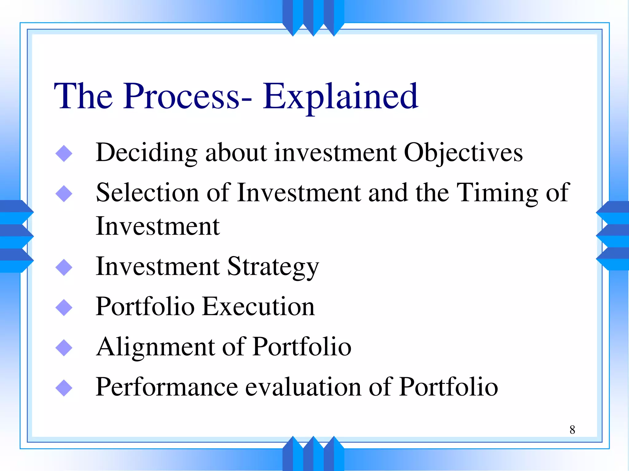 8
 Deciding about investment Objectives
 Selection of Investment and the Timing of
Investment
 Investment Strategy
 Portfolio Execution
 Alignment of Portfolio
 Performance evaluation of Portfolio
The Process- Explained
 