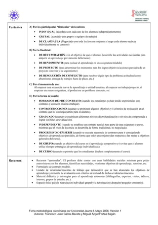 Variantes   A) Por los participantes “firmantes” del contrato
                  •     INDIVIDUAL (acordado con cada uno de los alumnos independientemente)
                  •     GRUPAL (acordado con grupos o equipos de trabajo)
                  •     DE CLASE/AULA (Negociado con toda la clase en conjunto y luego cada alumno redacta
                        individualmente su contrato)

            B) Por la finalidad:
                  •     DE RECUPERACIÓN (con el objetivo de que el alumno desarrolle las actividades necesarias para
                        adquirir un aprendizaje previamente defectuoso)
                  •     DE RENDIMIENTO (para evaluar el aprendizaje en una asignatura/módulo)
                  •     DE PROYECTO (para determinar los momentos para los logros/objetivos/acciones parciales de un
                        proyecto concreto y su seguimiento)
                  •     DE RESOLUCIÓN DE CONFLICTO (para resolver algún tipo de problema actitudinal como
                        absentismo, entrega de trabajos fuera de plazo, etc.)

            C) Por el momento de uso:
                Al empezar una secuencia nueva de aprendizaje o unidad temática, al empezar un trabajo/proyecto, al
                empezar una nueva asignatura, al producirse un problema concreto, etc.

            D) Por la forma de usarlo:
                  •     BORRADOR DE PRE-CONTRATO (cuando los estudiantes ya han tenido experiencias con
                        contratos y conocen el área a trabajar).
                  •     CON RESTRICCIONES (cuando se proponen algunos objetivos y/o criterios de evaluación en el
                        contrato que no son negociables para el alumno).
                  •     GRADUADO (cuando se establecen diferentes niveles de profundización o niveles de competencia a
                        lograr con fines de evaluación).
                  •     INDEPENDIENTE (cuando se establece un contrato parcial para parte de una asignatura o curso,
                        mientras que el resto de docencia se desarrolla de forma tradicional, no negociada).
                  •     PROGRESIVO O EN SERIE (cuando se usa una secuencia de contratos para ir consiguiendo
                        objetivos de aprendizaje parciales, de forma que todos en conjunto dan respuesta a las metas u objetivos
                        generales del curso).
                  •     DE GRUPO (cuando un objetivo del curso es el aprendizaje cooperativo y/o evitar que el alumno
                        utilice siempre estrategias de aprendizaje individualistas).
                  •     DE CURSO (cuando se permite que los estudiantes diseñen completamente el curso).


Recursos:     •       Recursos “personales”. El profesor debe contar con unas habilidades sociales mínimas para poder
                      entrevistarse con los alumnos, identificar necesidades, reorientar objetivos de aprendizaje, tutorizar, etc.
              •       Formulario de contrato-modelo.
              •       Listado de evidencias/muestras de trabajo que demuestren que se han alcanzado los objetivos de
                      aprendizaje y/o matriz de evaluación con criterios de calidad de dichas evidencias/muestras.
              •       Material didáctico y estrategias para el aprendizaje autónomo (bibliografías, expertos, visitas, talleres,
                      internet, grupos de estudio, etc.).
              •       Espacio físico para la negociación individual-grupal y la tutorización (despacho/pequeño seminario).




            Ficha metodológica coordinada por Universitat Jaume I. Mayo 2006. Versión 1
                Autores: Francisco Juan Garcia Bacete y Miguel Angel Fortea Bagán.
 