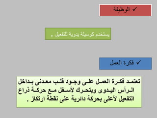 ‫يدوية‬ ‫كوسيلة‬ ‫يستخدم‬‫للتفعيل‬.
‫الوظيفة‬
‫العمل‬ ‫فكرة‬
‫ااداخل‬‫ا‬‫ب‬ ‫اادن‬‫ا‬‫مع‬ ‫ااز‬‫ا‬‫قل‬ ‫ااود‬‫ا‬‫وج‬ ‫اا‬‫ا‬‫عل‬ ‫اال‬‫ا‬‫العم‬ ‫اارة‬‫ا‬‫فه‬ ‫ااد‬‫ا‬‫تعتم‬
‫برا‬ ‫ااة‬‫ا‬‫حره‬ ‫اات‬‫ا‬‫م‬ ‫اافل‬‫ا‬‫ألس‬ ‫اارك‬‫ا‬‫ويتح‬ ‫اادوت‬‫ا‬‫الي‬ ‫اارأي‬‫ا‬‫ال‬
‫التفعيل‬‫نقطة‬ ‫عل‬ ‫دائرية‬ ‫بحرهة‬ ‫ألعل‬‫ارتهال‬.
 