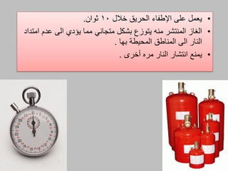 •‫خالل‬ ‫الحريق‬ ‫اإلطفاء‬ ‫علم‬ ‫يعمل‬10‫ثوان‬.
•‫بشكل‬ ‫يتوزع‬ ‫منه‬ ‫المنتشر‬ ‫الغاز‬‫متجاني‬‫امتداد‬ ‫عدم‬ ‫الم‬ ‫يؤدي‬ ‫مما‬
‫المحيطة‬ ‫المناطق‬ ‫الم‬ ‫النار‬‫بها‬.
•‫مره‬ ‫النار‬ ‫انتشار‬ ‫يمنع‬‫أخرى‬.
 