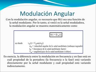 Modulación Angular
Con la modulación angular, es necesario que θ(t) sea una función de
la señal modulante. Por lo tanto, si vm(t) es la señal moduladora,
la modulación angular se muestra matemáticamente como

En esencia, la diferencia entre la modulación en frecuencia y en fase está en
cuál propiedad de la portadora (la frecuencia o la fase) está variando
directamente por la señal modulante y cuál propiedad está variando
indirectamente.

 