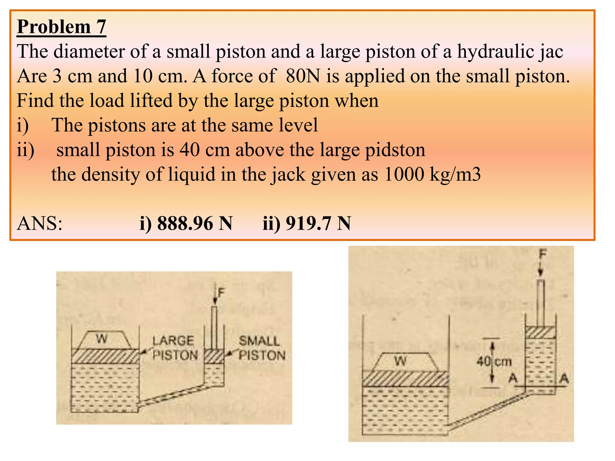 Problem 7
The diameter of a small piston and a large piston of a hydraulic jac
Are 3 cm and 10 cm. A force of 80N is applied on the small piston.
Find the load lifted by the large piston when
i) The pistons are at the same level
ii) small piston is 40 cm above the large pidston
the density of liquid in the jack given as 1000 kg/m3
ANS: i) 888.96 N ii) 919.7 N
 