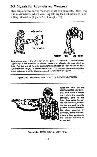 2-3. Signals for Crew-Served Weapons
Members of crew-served weapons must communicate. Often, this
is in environments where visual signals are the best means of trans-
mitting information (Figures 2-23 through 2-28).




                              2—10
 