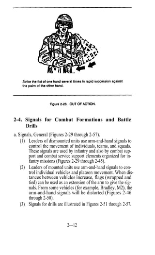 2-4. Signals for Combat Formations and Battle
     Drills
a. Signals, General (Figures 2-29 through 2-57).
    (1) Leaders of dismounted units use arm-and-hand signals to
        control the movement of individuals, teams, and squads.
        These signals are used by infantry and also by combat sup-
        port and combat service support elements organized for in-
        fantry missions (Figures 2-29 through 2-45).
    (2) Leaders of mounted units use arm-and-hand signals to con-
        trol individual vehicles and platoon movement. When dis-
        tances between vehicles increase, flags (wrapped and
        tied) can be used as an extension of the arm to give the sig-
        nals. From some vehicles (for example, Bradley, M2), the
        arm-and-hand signals will be distorted (Figures 2-46
        through 2-50).
    (3) Signals for drills are illustrated in Figures 2-51 through 2-57.


                                2—12
 