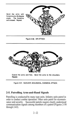 2-5. Patrolling Arm-and-Hand Signals
Patrolling is conducted by many type units. Infantry units patrol in
order to conduct combat operations. Other units patrol for reconnais-
sance and security. Successful patrols require clearly understood
communication signals among members of a patrol (Figures 2-58
through 2-63).

                               2—22
 