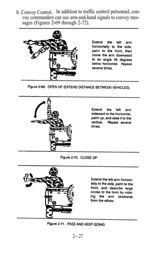 b. Convoy Control. In addition to traffic control personnel, con-
   voy commanders can use arm-and-hand signals to convey mes-
   sages (Figures 2-69 through 2-72).




                             2—27
 