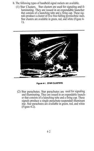 b. The following types of handheld signal rockets are available.
   (1) Star Clusters. Star clusters are used for signaling and il-
        luminating. They are issued in an expendable launcher
        that consists of a launching tube and a firing cap. These sig-
        nals produce a cluster of five free-falling pyrotechnic stars.
        Star clusters are available in green, red, and white (Figure 4-
        1).




    (2) Star parachutes. Star parachutes are used for signaling
        and illuminating. They are issued in an expendable launch-
        er that consists of a launching tube and a firing cap. These
        signals produce a single parachute-suspended illuminant
        star. Star parachutes are available in green, red, and white
        (Figure 4-2).




                                 4–2
 