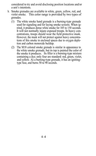 considered to try and avoid disclosing position locations and/or
   a unit’s intentions.
b. Smoke grenades are available in white, green, yellow, red, and
   violet smoke. This color range is provided by two types of
   grenades.
   (1) The white smoke hand grenade is a burning-type grenade
        used for signaling and for laying smoke screens. When ig-
        nited, it produces dense white smoke for 105 to 150 seconds.
        It will not normally injure exposed troops. In heavy con-
        centrations, troops should wear the field protective mask.
        However, the mask will not protect against heavy concentra-
        tions of this smoke in enclosed spaces due to oxygen deple-
        tion and carbon monoxide buildup.
   (2) The M18 colored smoke grenade is similar in appearance to
        the white smoke grenade, but its top is painted the color of
        the smoke it produces. Its filler is a burning-type mixture
        containing a dye; only four are standard: red, green, violet,
        and yellow. As a burning-type grenade, it has an igniting-
        type fuse, and burns 50 to 90 seconds.




                               4–4
 