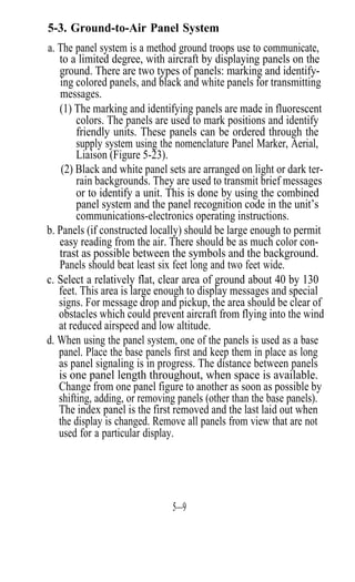 5-3. Ground-to-Air Panel System
a. The panel system is a method ground troops use to communicate,
   to a limited degree, with aircraft by displaying panels on the
   ground. There are two types of panels: marking and identify-
    ing colored panels, and black and white panels for transmitting
    messages.
   (1) The marking and identifying panels are made in fluorescent
        colors. The panels are used to mark positions and identify
        friendly units. These panels can be ordered through the
        supply system using the nomenclature Panel Marker, Aerial,
        Liaison (Figure 5-23).
    (2) Black and white panel sets are arranged on light or dark ter-
        rain backgrounds. They are used to transmit brief messages
        or to identify a unit. This is done by using the combined
        panel system and the panel recognition code in the unit’s
        communications-electronics operating instructions.
b. Panels (if constructed locally) should be large enough to permit
   easy reading from the air. There should be as much color con-
   trast as possible between the symbols and the background.
   Panels should beat least six feet long and two feet wide.
c. Select a relatively flat, clear area of ground about 40 by 130
   feet. This area is large enough to display messages and special
   signs. For message drop and pickup, the area should be clear of
   obstacles which could prevent aircraft from flying into the wind
   at reduced airspeed and low altitude.
d. When using the panel system, one of the panels is used as a base
   panel. Place the base panels first and keep them in place as long
   as panel signaling is in progress. The distance between panels
   is one panel length throughout, when space is available.
   Change from one panel figure to another as soon as possible by
   shifting, adding, or removing panels (other than the base panels).
   The index panel is the first removed and the last laid out when
   the display is changed. Remove all panels from view that are not
   used for a particular display.




                               5—9
 