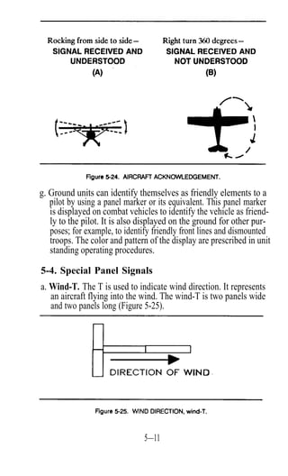 g. Ground units can identify themselves as friendly elements to a
   pilot by using a panel marker or its equivalent. This panel marker
   is displayed on combat vehicles to identify the vehicle as friend-
   ly to the pilot. It is also displayed on the ground for other pur-
   poses; for example, to identify friendly front lines and dismounted
   troops. The color and pattern of the display are prescribed in unit
   standing operating procedures.

5-4. Special Panel Signals
a. Wind-T. The T is used to indicate wind direction. It represents
   an aircraft flying into the wind. The wind-T is two panels wide
   and two panels long (Figure 5-25).




                               5—11
 