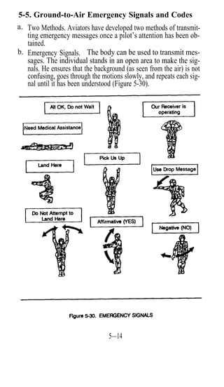 5-5. Ground-to-Air Emergency Signals and Codes
a. Two Methods. Aviators have developed two methods of transmit-
   ting emergency messages once a pilot’s attention has been ob-
   tained.
b. Emergency Signals. The body can be used to transmit mes-
   sages. The individual stands in an open area to make the sig-
   nals. He ensures that the background (as seen from the air) is not
   confusing, goes through the motions slowly, and repeats each sig-
   nal until it has been understood (Figure 5-30).




                                  5—14
 