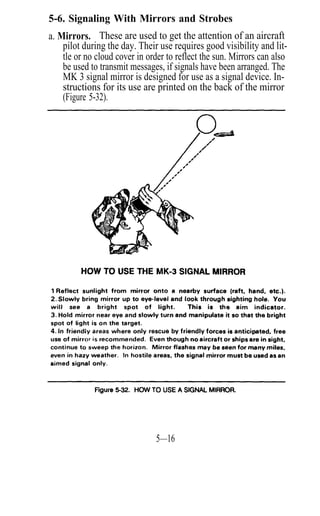 5-6. Signaling With Mirrors and Strobes
a. Mirrors. These are used to get the attention of an aircraft
    pilot during the day. Their use requires good visibility and lit-
    tle or no cloud cover in order to reflect the sun. Mirrors can also
    be used to transmit messages, if signals have been arranged. The
    MK 3 signal mirror is designed for use as a signal device. In-
    structions for its use are printed on the back of the mirror
    (Figure 5-32).




                                5—16
 