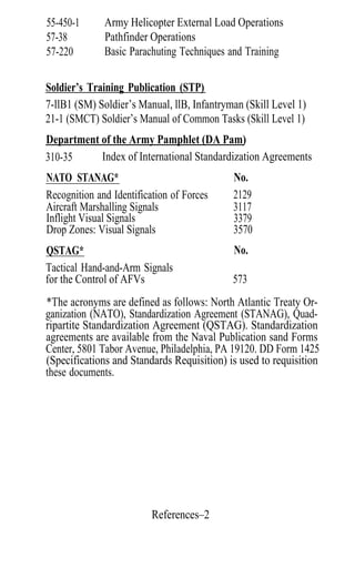 55-450-1      Army Helicopter External Load Operations
57-38         Pathfinder Operations
57-220        Basic Parachuting Techniques and Training

Soldier’s Training Publication (STP)
7-llB1 (SM) Soldier’s Manual, llB, Infantryman (Skill Level 1)
21-1 (SMCT) Soldier’s Manual of Common Tasks (Skill Level 1)
Department of the Army Pamphlet (DA Pam)
310-35     Index of International Standardization Agreements
NATO STANAG*                                No.
Recognition and Identification of Forces    2129
Aircraft Marshalling Signals                3117
Inflight Visual Signals                     3379
Drop Zones: Visual Signals                  3570
QSTAG*                                      No.
Tactical Hand-and-Arm Signals
for the Control of AFVs                     573
*The acronyms are defined as follows: North Atlantic Treaty Or-
ganization (NATO), Standardization Agreement (STANAG), Quad-
ripartite Standardization Agreement (QSTAG). Standardization
agreements are available from the Naval Publication sand Forms
Center, 5801 Tabor Avenue, Philadelphia, PA 19120. DD Form 1425
(Specifications and Standards Requisition) is used to requisition
these documents.




                          References–2
 