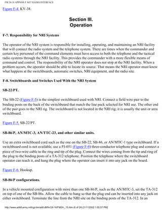 FM 24-18 APPNDX F NET RADIO INTERFACE
Figure F-4. KY-38.
Section III.
Operation
F-7. Responsibility for NRI Systems
The operator of the NRI system is responsible for installing, operating, and maintaining an NRI facility
that will connect the radio system and the telephone system. There are times when the commander and
certain key personnel of the command elements must have access to both the telephone and the tactical
radio systems through the NRI facility. This provides the commander with a more flexible means of
command and control. The responsibility of the NRI operator does not stop at the NRI facility. When a
problem occurs, the operator should be able to locate its source. That means the NRI operator must know
what happens at the switchboards, automatic switches, NRI equipment, and the radio site.
F-8. Switchboards and Switches Used With the NRI System
SB-22/PT.
The SB-22 (Figure F-5) is the simplest switchboard used with NRI. Connect a field wire pair to the
binding posts on the back of the switchboard that match the line pack selected for NRI use. The other end
of the pair goes to the NRI rig. The switchboard is not located in the NRI rig; it is usually the unit or area
switchboard.
Figure F-5. SB-22/PT.
SB-86/P, AN/MTC-3, AN/TTC-23, and other similar units.
Use an extra switchboard cord such as the one on the SB-22, SB-86, or AN/MTC-1 type switchboard. If a
switchboard cord is not available, use a PJ-051 (Figure F-6) three-conductor telephone plug and connect a
piece of two-wire cable to the ring and tip of the plug. Connect the wires coming from the tip and ring of
the plug to the binding posts of a TA-312 telephone. Position the telephone where the switchboard
operator can reach it, and hang the plug where the operator can insert it into any jack on the board.
Figure F-6. Hookup.
SB-86/P configurations.
In a vehicle mounted configuration with more than one SB-86/P, such as the AN/MTC-3, set the TA-312
on top of one of the SB-86s. Allow the cable to hang so that the plug end can be inserted into any jack on
either switchboard. Terminate the line from the NRI site on the binding posts of the TA-312. In an
http://www.adtdl.army.mil/cgi-bin/atdl.dll/fm/24-18/FM24-_15.htm (6 of 24) [1/11/2002 1:55:57 PM]
 