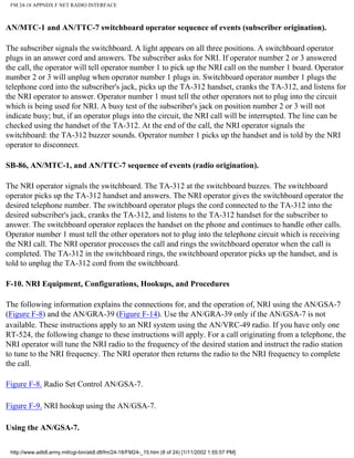 FM 24-18 APPNDX F NET RADIO INTERFACE
AN/MTC-1 and AN/TTC-7 switchboard operator sequence of events (subscriber origination).
The subscriber signals the switchboard. A light appears on all three positions. A switchboard operator
plugs in an answer cord and answers. The subscriber asks for NRI. If operator number 2 or 3 answered
the call, the operator will tell operator number 1 to pick up the NRI call on the number 1 board. Operator
number 2 or 3 will unplug when operator number 1 plugs in. Switchboard operator number 1 plugs the
telephone cord into the subscriber's jack, picks up the TA-312 handset, cranks the TA-312, and listens for
the NRI operator to answer. Operator number 1 must tell the other operators not to plug into the circuit
which is being used for NRI. A busy test of the subscriber's jack on position number 2 or 3 will not
indicate busy; but, if an operator plugs into the circuit, the NRI call will be interrupted. The line can be
checked using the handset of the TA-312. At the end of the call, the NRI operator signals the
switchboard: the TA-312 buzzer sounds. Operator number 1 picks up the handset and is told by the NRI
operator to disconnect.
SB-86, AN/MTC-1, and AN/TTC-7 sequence of events (radio origination).
The NRI operator signals the switchboard. The TA-312 at the switchboard buzzes. The switchboard
operator picks up the TA-312 handset and answers. The NRI operator gives the switchboard operator the
desired telephone number. The switchboard operator plugs the cord connected to the TA-312 into the
desired subscriber's jack, cranks the TA-312, and listens to the TA-312 handset for the subscriber to
answer. The switchboard operator replaces the handset on the phone and continues to handle other calls.
Operator number 1 must tell the other operators not to plug into the telephone circuit which is receiving
the NRI call. The NRI operator processes the call and rings the switchboard operator when the call is
completed. The TA-312 in the switchboard rings, the switchboard operator picks up the handset, and is
told to unplug the TA-312 cord from the switchboard.
F-10. NRI Equipment, Configurations, Hookups, and Procedures
The following information explains the connections for, and the operation of, NRI using the AN/GSA-7
(Figure F-8) and the AN/GRA-39 (Figure F-14). Use the AN/GRA-39 only if the AN/GSA-7 is not
available. These instructions apply to an NRI system using the AN/VRC-49 radio. If you have only one
RT-524, the following change to these instructions will apply. For a call originating from a telephone, the
NRI operator will tune the NRI radio to the frequency of the desired station and instruct the radio station
to tune to the NRI frequency. The NRI operator then returns the radio to the NRI frequency to complete
the call.
Figure F-8. Radio Set Control AN/GSA-7.
Figure F-9. NRI hookup using the AN/GSA-7.
Using the AN/GSA-7.
http://www.adtdl.army.mil/cgi-bin/atdl.dll/fm/24-18/FM24-_15.htm (8 of 24) [1/11/2002 1:55:57 PM]
 