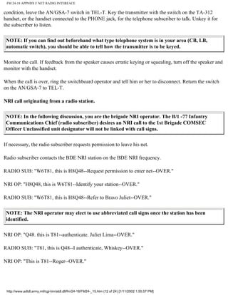 FM 24-18 APPNDX F NET RADIO INTERFACE
condition, leave the AN/GSA-7 switch in TEL-T. Key the transmitter with the switch on the TA-312
handset, or the handset connected to the PHONE jack, for the telephone subscriber to talk. Unkey it for
the subscriber to listen.
NOTE: If you can find out beforehand what type telephone system is in your area (CB, LB,
automatic switch), you should be able to tell how the transmitter is to be keyed.
Monitor the call. If feedback from the speaker causes erratic keying or squealing, turn off the speaker and
monitor with the handset.
When the call is over, ring the switchboard operator and tell him or her to disconnect. Return the switch
on the AN/GSA-7 to TEL-T.
NRI call originating from a radio station.
NOTE: In the following discussion, you are the brigade NRI operator. The B/1 -77 Infantry
Communications Chief (radio subscriber) desires an NRI call to the 1st Brigade COMSEC
Officer Unclassified unit designator will not be linked with call signs.
If necessary, the radio subscriber requests permission to leave his net.
Radio subscriber contacts the BDE NRI station on the BDE NRI frequency.
RADIO SUB: "W6T81, this is H8Q48--Request permission to enter net--OVER."
NRI OP: "H8Q48, this is W6T81--Identify your station--OVER."
RADIO SUB: "W6T81, this is H8Q48--Refer to Bravo Juliet--OVER."
NOTE: The NRI operator may elect to use abbreviated call signs once the station has been
identified.
NRI OP: "Q48. this is T81--authenticate. Juliet Lima--OVER."
RADIO SUB: "T81, this is Q48--I authenticate, Whiskey--OVER."
NRI OP: "This is T81--Roger--OVER."
http://www.adtdl.army.mil/cgi-bin/atdl.dll/fm/24-18/FM24-_15.htm (12 of 24) [1/11/2002 1:55:57 PM]
 