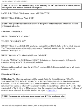 FM 24-18 APPNDX F NET RADIO INTERFACE
NOTE: In the event the requested party is not served by the NRI operator's switchboard, the full
call sign and item number identifier will be given.
RADIO SUB: "This is Q84--Request contact with T36--OVER."
NRI OP: "This is T81 Roger--Wait--OUT."
NOTE: NRI operator determines switchboard designator and number and establishes contact
with requested party.
SWBD OP: "SHAMROCK."
NRI OP: "SHAMROCK 167 please."
TEL SUB: "SHAMROCK 167."
NRI OP: "This is SHAMROCK 134. You have a radio call from H8Q48. Refer to Bravo Juliet. You are
T36. You must use proper radiotelephone procedures. This circuit is not secure. Do you have any
questions? Stand by--OUT."
NRI OP: "Q48, this is T81. Go ahead with your Call--OUT."
Switch the AN/GSA-7 to RADIO &and; MON-T. Refer to the previous sequence for difference in
transmitter keying with CB, LB, or automatic switches.
When the call is completed, return the AN/GSA-7 switch to TEL-T. Ring the switchboard to tell him to
disconnect the call.
Using the AN/GRA-39.
NRI hookup. The following equipment will be needed: Radio Set Control Group AN/GRA-39,
Switchboard SB-22/PT, Radio Set AN/VRC-49 or Receiver-Transmitter RT-524,18 Batteries BA-30/U,
Connector U-182/U or Connector U-229/U, and 1 meter (about 3 feet) of 2-wire cable. Have your
repairman build a cable as follows: Connect one wire of the 1-meter (3-foot) cable to pin A and the other
wire to pin C of the U-182 or U-229 connector. Strip the insulation from about 2 centimeters (3/4-inch) of
the wires on the other end. The circled numbers are keyed to Figure F-15.
NOTE: The connector is the same as the one on your RT-524 handset or mike.
http://www.adtdl.army.mil/cgi-bin/atdl.dll/fm/24-18/FM24-_15.htm (13 of 24) [1/11/2002 1:55:57 PM]
 
