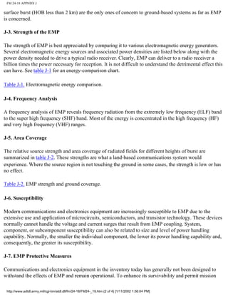 FM 24-18 APPNDX J
surface burst (HOB less than 2 km) are the only ones of concern to ground-based systems as far as EMP
is concerned.
J-3. Strength of the EMP
The strength of EMP is best appreciated by comparing it to various electromagnetic energy generators.
Several electromagnetic energy sources and associated power densities are listed below along with the
power density needed to drive a typical radio receiver. Clearly, EMP can deliver to a radio receiver a
billion times the power necessary for reception. It is not difficult to understand the detrimental effect this
can have. See table J-1 for an energy-comparison chart.
Table J-1. Electromagnetic energy comparison.
J-4. Frequency Analysis
A frequency analysis of EMP reveals frequency radiation from the extremely low frequency (ELF) band
to the super high frequency (SHF) band. Most of the energy is concentrated in the high frequency (HF)
and very high frequency (VHF) ranges.
J-5. Area Coverage
The relative source strength and area coverage of radiated fields for different heights of burst are
summarized in table J-2. These strengths are what a land-based communications system would
experience. Where the source region is not touching the ground in some cases, the strength is low or has
no effect.
Table J-2. EMP strength and ground coverage.
J-6. Susceptibility
Modern communications and electronics equipment are increasingly susceptible to EMP due to the
extensive use and application of microcircuits, semiconductors, and transistor technology. These devices
normally cannot handle the voltage and current surges that result from EMP coupling. System,
component, or subcomponent susceptibility can also be related to size and level of power handling
capability. Normally, the smaller the individual component, the lower its power handling capability and,
consequently, the greater its susceptibility.
J-7. EMP Protective Measures
Communications and electronics equipment in the inventory today has generally not been designed to
withstand the effects of EMP and remain operational. To enhance its survivability and permit mission
http://www.adtdl.army.mil/cgi-bin/atdl.dll/fm/24-18/FM24-_19.htm (2 of 4) [1/11/2002 1:56:04 PM]
 