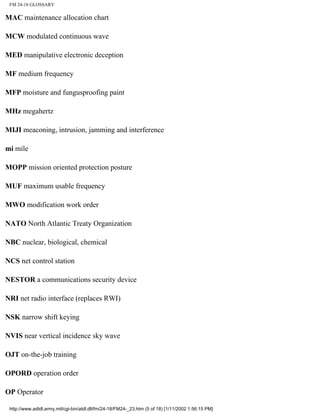 FM 24-18 GLOSSARY
MAC maintenance allocation chart
MCW modulated continuous wave
MED manipulative electronic deception
MF medium frequency
MFP moisture and fungusproofing paint
MHz megahertz
MIJI meaconing, intrusion, jamming and interference
mi mile
MOPP mission oriented protection posture
MUF maximum usable frequency
MWO modification work order
NATO North Atlantic Treaty Organization
NBC nuclear, biological, chemical
NCS net control station
NESTOR a communications security device
NRI net radio interface (replaces RWI)
NSK narrow shift keying
NVIS near vertical incidence sky wave
OJT on-the-job training
OPORD operation order
OP Operator
http://www.adtdl.army.mil/cgi-bin/atdl.dll/fm/24-18/FM24-_23.htm (5 of 18) [1/11/2002 1:56:15 PM]
 