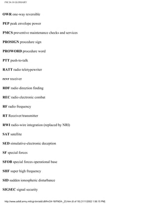 FM 24-18 GLOSSARY
OWR one-way reversible
PEP peak envelope power
PMCS preventive maintenance checks and services
PROSIGN procedure sign
PROWORD procedure word
PTT push-to-talk
RATT radio teletypewriter
rcvr receiver
RDF radio direction finding
REC radio electronic combat
RF radio frequency
RT Receiver/transmitter
RWI radio-wire integration (replaced by NRI)
SAT satellite
SED simulative-electronic deception
SF special forces
SFOB special forces operational base
SHF super high frequency
SID sudden ionospheric disturbance
SIGSEC signal security
http://www.adtdl.army.mil/cgi-bin/atdl.dll/fm/24-18/FM24-_23.htm (6 of 18) [1/11/2002 1:56:15 PM]
 