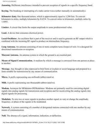 FM 24-18 GLOSSARY
Jamming. Deliberate interference intended to prevent reception of signals in a specific frequency band.
Keying. The breaking or interrupting of a radio carrier wave (either manually or automatically).
Kilometer (km). One thousand meters, which is approximately equal to 3,280 feet. To convert
kilometers to miles, multiply kilometers by 0.6214. To convert miles to kilometers, multiply miles by
1.6093.
Limiter. A circuit that limits the output amplitude to some predetermined value.
Load. A device that consumes electrical power.
Local Oscillator. An oscillator that is part of the receiver and is used to generate an RF output which is
combined with the incoming RF signal to produce an intermediate frequency.
Loop Antenna. An antenna consisting of one or more complete turns (loops) of wire. It is designed for
directional transmission or reception.
Marconi Antenna. An antenna system in which the ground is an essential part.
Means of Signal Communication. A medium by which a message is conveyed from one person or place
to another.
Message. Any thought or idea expressed in brief form or in plain or secret language and prepared in a
form suitable for transmission by any means of communication.
Micro. A prefix representing one-millionth (abbreviated u).
Milli. A prefix representing one-thousandth (abbreviated m).
Modem. Acronym for MOdulator-DEModulator. Modems are primarily used for converting digital
signals into analog signals for transmission and reception and for reconverting the analog signals into
digital signals for processing.
Modulate. To mix two or more signals to produce another signal; to vary or change the amplitude,
frequency, or phase of the signals to be modulated.
Network. A system consisting of a number of designated stations connected with one another by any
means of communication.
Null. The absence of a signal, information, indication, or deflection.
http://www.adtdl.army.mil/cgi-bin/atdl.dll/fm/24-18/FM24-_23.htm (15 of 18) [1/11/2002 1:56:15 PM]
 