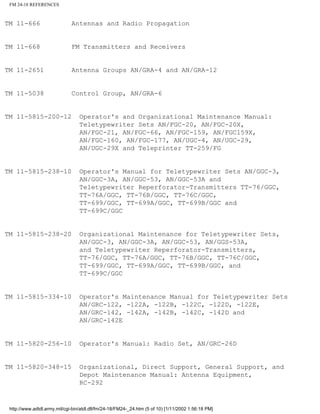 FM 24-18 REFERENCES
TM 11-666 Antennas and Radio Propagation
TM 11-668 FM Transmitters and Receivers
TM 11-2651 Antenna Groups AN/GRA-4 and AN/GRA-12
TM 11-5038 Control Group, AN/GRA-6
TM 11-5815-200-12 Operator's and Organizational Maintenance Manual:
Teletypewriter Sets AN/FGC-20, AN/FGC-20X,
AN/FGC-21, AN/FGC-66, AN/FGC-159, AN/FGC159X,
AN/FGC-160, AN/FGC-177, AN/UGC-4, AN/UGC-29,
AN/UGC-29X and Teleprinter TT-259/FG
TM 11-5815-238-10 Operator's Manual for Teletypewriter Sets AN/GGC-3,
AN/GGC-3A, AN/GGC-53, AN/GGC-53A and
Teletypewriter Reperforator-Transmitters TT-76/GGC,
TT-76A/GGC, TT-76B/GGC, TT-76C/GGC,
TT-699/GGC, TT-699A/GGC, TT-699B/GGC and
TT-699C/GGC
TM 11-5815-238-20 Organizational Maintenance for Teletypewriter Sets,
AN/GGC-3, AN/GGC-3A, AN/GGC-53, AN/GGS-53A,
and Teletypewriter Reperforator-Transmitters,
TT-76/GGC, TT-76A/GGC, TT-76B/GGC, TT-76C/GGC,
TT-699/GGC, TT-699A/GGC, TT-699B/GGC, and
TT-699C/GGC
TM 11-5815-334-10 Operator's Maintenance Manual for Teletypewriter Sets
AN/GRC-122, -122A, -122B, -122C, -122D, -122E,
AN/GRC-142, -142A, -142B, -142C, -142D and
AN/GRC-142E
TM 11-5820-256-10 Operator's Manual: Radio Set, AN/GRC-26D
TM 11-5820-348-15 Organizational, Direct Support, General Support, and
Depot Maintenance Manual: Antenna Equipment,
RC-292
http://www.adtdl.army.mil/cgi-bin/atdl.dll/fm/24-18/FM24-_24.htm (5 of 10) [1/11/2002 1:56:18 PM]
 