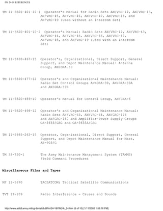 FM 24-18 REFERENCES
TM 11-5820-401-10-1 Operator's Manual for Radio Sets AN/VRC-12, AN/VRC-43,
AN/VRC-45, AN/VRC-46, AN/VRC-47, AN/VRC-48, and
AN/VRC-49 (Used without an Intercom Set)
TM 11-5820-401-10-2 Operator's Manual: Radio Sets AN/VRC-12, AN/VRC-43,
AN/VRC-44, AN/VRC-45, AN/VRC-46, AN/VRC-47,
AN/VRC-48, and AN/VRC-49 (Used with an Intercom
Set)
TM 11-5820-467-15 Operator's, Organizational, Direct Support, General
Support, and Depot Maintenance Manual: Antenna
Group, AN/GRA-50
TM 11-5820-477-12 Operator's and Organizational Maintenance Manual:
Radio Set Control Groups AN/GRA-39, AN/GRA-39A
and AN/GRA-39B
TM 11-5820-489-10 Operator's Manual for Control Group, AN/GRA-6
TM 11-5820-498-12 Operator's and Organizational Maintenance Manual:
Radio Sets AN/VRC-53, AN/VRC-64, AN/GRC-125
and AN/GRC-160 and Amplifier-Power Supply Groups
OA-3633/GRC and OA-3633A/GRC
TM 11-5985-263-15 Operator, Organizational, Direct Support, General
Support, and Depot Maintenance Manual for Mast,
AB-903/G
TM 38-750-1 The Army Maintenance Management System (TAMMS)
Field Command Procedures
Miscellaneous Films and Tapes
MF 11-5670 TACSATCOM: Tactical Satellite Communications
TVT 11-109 Radio Interference - Causes and Sounds
http://www.adtdl.army.mil/cgi-bin/atdl.dll/fm/24-18/FM24-_24.htm (6 of 10) [1/11/2002 1:56:18 PM]
 