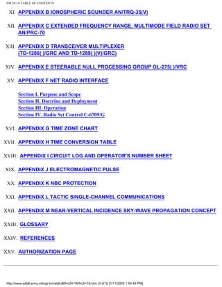 FM 24-18 TABLE OF CONTENTS
XI. APPENDIX B IONOSPHERIC SOUNDER AN/TRQ-35(V)
XII. APPENDIX C EXTENDED FREQUENCY RANGE, MULTIMODE FIELD RADIO SET
AN/PRC-70
XIII. APPENDIX D TRANSCEIVER MULTIPLEXER
(TD-1288( )/GRC AND TD-1289( )(V)/GRC)
XIV. APPENDIX E STEERABLE NULL PROCESSING GROUP OL-275( )/VRC
XV. APPENDIX F NET RADIO INTERFACE
Section I. Purpose and Scope
Section II. Doctrine and Deployment
Section III. Operation
Section IV. Radio Set Control C-6709/G
XVI. APPENDIX G TIME ZONE CHART
XVII. APPENDIX H TIME CONVERSION TABLE
XVIII. APPENDIX I CIRCUIT LOG AND OPERATOR'S NUMBER SHEET
XIX. APPENDIX J ELECTROMAGNETIC PULSE
XX. APPENDIX K NBC PROTECTION
XXI. APPENDIX L TACTIC SINGLE-CHANNEL COMMUNICATIONS
XXII. APPENDIX M NEAR-VERTICAL INCIDENCE SKY-WAVE PROPAGATION CONCEPT
XXIII. GLOSSARY
XXIV. REFERENCES
XXV. AUTHORIZATION PAGE
http://www.adtdl.army.mil/cgi-bin/atdl.dll/fm/24-18/fm24-18.htm (3 of 3) [1/11/2002 1:54:49 PM]
 