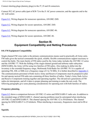 FM 24-18 Chptr 8 Special Oper & Inter Techniques
Connect shorting plugs (dummy plugs) to the J7, J3 and J4 connectors.
Connect W2 AC power cable (part of KW-7) to the J1 AC power connector, and the opposite end to the
AC wall socket.
Figure 8-1. Wiring diagram for nonsecure operations, AN/GRC-26D.
Figure 8-2. Wiring diagram for secure operations, AN/GRC-26D.
Figure 8-3. Wiring diagram for nonsecure operations, AN/GRC-46.
Figure 8-4. Wiring diagram for secure operations, AN/GRC-46.
Section III.
Equipment Compatibility and Netting Procedures
8-8. FM Equipment Compatibility
Single-channel FM voice radio is the primary communications means used in practically all Army units.
FM radio gives the tactical commander the quick, reliable, flexible communications support necessary to
control the battle. The main family of FM radios used by the Army today includes the AN/VRC-12 series
and the AN/PRC-77. With the fielding of the single-channel ground and airborne radio subsystem
(SINCGARS), the Army will be using two families of FM radios. Also making its debut into the
inventory is the extended frequency range, Multimode Field Radio Set AN/PRC-70. It is capable of
operating FM, AM, or SSB over a frequency range of 2 to 76 MHz. It is further described in Appendix C.
The communications personnel of both Active Army and Reserve Components must be prepared to plan
for and operate tactical FM radio nets containing all three families of radios. Today's Army finds Active
and Reserve Components training together and operating together. The old and new generations of FM
radios do interoperate, and all it takes is proper planning and training to make the nets work. The
following paragraphs give some planning considerations for operating nets with both families of radios.
Frequency planning.
Figure 8-5 shows a comparison between AN/VRC-12 series and SINCGARS-V radio sets. In addition to
the extended range of SINCGARS-V, channel spacing problems must be anticipated when interfacing
AN/VRC-12 and SINCGARS-V. The channel spacing for AN/VRC-12 is 50 kilohertz. The channel
spacing for SINCGARS-V is 25 kilohertz. When interfacing is necessary, frequencies must end in 00 or
50.
Squelch.
http://www.adtdl.army.mil/cgi-bin/atdl.dll/fm/24-18/FM24-_9.htm (8 of 16) [1/11/2002 1:55:41 PM]
 