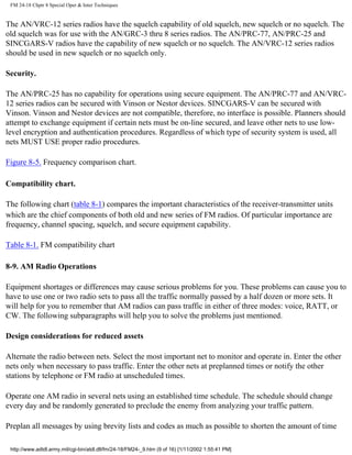 FM 24-18 Chptr 8 Special Oper & Inter Techniques
The AN/VRC-12 series radios have the squelch capability of old squelch, new squelch or no squelch. The
old squelch was for use with the AN/GRC-3 thru 8 series radios. The AN/PRC-77, AN/PRC-25 and
SINCGARS-V radios have the capability of new squelch or no squelch. The AN/VRC-12 series radios
should be used in new squelch or no squelch only.
Security.
The AN/PRC-25 has no capability for operations using secure equipment. The AN/PRC-77 and AN/VRC-
12 series radios can be secured with Vinson or Nestor devices. SINCGARS-V can be secured with
Vinson. Vinson and Nestor devices are not compatible, therefore, no interface is possible. Planners should
attempt to exchange equipment if certain nets must be on-line secured, and leave other nets to use low-
level encryption and authentication procedures. Regardless of which type of security system is used, all
nets MUST USE proper radio procedures.
Figure 8-5. Frequency comparison chart.
Compatibility chart.
The following chart (table 8-1) compares the important characteristics of the receiver-transmitter units
which are the chief components of both old and new series of FM radios. Of particular importance are
frequency, channel spacing, squelch, and secure equipment capability.
Table 8-1. FM compatibility chart
8-9. AM Radio Operations
Equipment shortages or differences may cause serious problems for you. These problems can cause you to
have to use one or two radio sets to pass all the traffic normally passed by a half dozen or more sets. It
will help for you to remember that AM radios can pass traffic in either of three modes: voice, RATT, or
CW. The following subparagraphs will help you to solve the problems just mentioned.
Design considerations for reduced assets
Alternate the radio between nets. Select the most important net to monitor and operate in. Enter the other
nets only when necessary to pass traffic. Enter the other nets at preplanned times or notify the other
stations by telephone or FM radio at unscheduled times.
Operate one AM radio in several nets using an established time schedule. The schedule should change
every day and be randomly generated to preclude the enemy from analyzing your traffic pattern.
Preplan all messages by using brevity lists and codes as much as possible to shorten the amount of time
http://www.adtdl.army.mil/cgi-bin/atdl.dll/fm/24-18/FM24-_9.htm (9 of 16) [1/11/2002 1:55:41 PM]
 