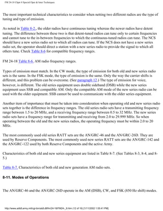 FM 24-18 Chptr 8 Special Oper & Inter Techniques
The most important technical characteristics to consider when netting two different radios are the type of
tuning and type of emission.
As noted in Table 8-2., the older radios have continuous tuning whereas the newer radios have detent
tuning. The difference between these two is that detent-tuned radios can tune only to certain frequencies
and cannot tune to the in-between frequencies to which the continuous-tuned radios can tune. The NCS
should have a new series radio set to which all radios can tune. If the NCS does not have a new series
radio set, the operator should direct a station with a new series radio to provide the signal to which all
others tune. Check Table 8-6 for compatible frequency ranges.
FM 24-18 Table 8-6. AM radio frequency ranges.
Types of emission must match. In the CW mode, the type of emission for both old and new series radio
sets is the same. In the FSK mode, the type of emission is the same. Only the way the carrier shifts is
different, and this problem can be overcome. (See paragraph 12.) The type of emission for voice,
however, is different. The old series equipment uses double sideband (DSB) while the new series
equipment uses SSB and compatible AM. Only the compatible AM mode of the new series radio can be
used with the older equipment. SSB cannot be used to communicate with the older series equipment.
Another item of importance that must be taken into consideration when operating old and new series radio
sets together is the difference in frequency ranges. The old series radio sets have a transmitting frequency
range between 1.5 to 20 MHz, and a receiving frequency range between 0.5 to 32 MHz. The new series
radio sets have a frequency range for transmitting and receiving from 2.0 to 29.999 MHz. So when
operating between the old and the new series radios, the operating frequency must be within 2.0 to 20
MHz.
The most commonly used old series RATT sets are the AN/GRC-46 and the AN/GRC-26D. They are
used by Reserve Components. The most commonly used new series RATT sets are the AN/GRC-142 and
the AN/GRC-122 used by both Reserve Components and the active Army.
Characteristics of both old and new series equipment are listed in Table 8-7. (See Tables 8-3, 8-4, and 8-
5.)
Table 8-7. Characteristics of both old and new generation AM radio sets.
8-11. Modes of Operations
The AN/GRC-46 and the AN/GRC-26D operate in the AM (DSB), CW, and FSK (850 Hz shift) modes.
http://www.adtdl.army.mil/cgi-bin/atdl.dll/fm/24-18/FM24-_9.htm (12 of 16) [1/11/2002 1:55:41 PM]
 