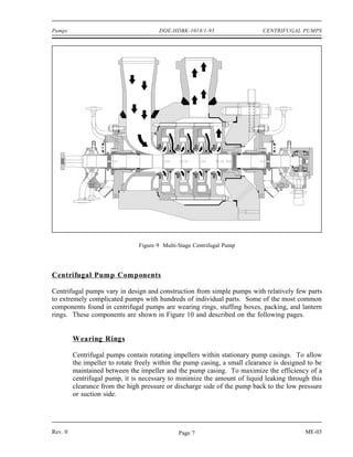 Pumps                                  DOE-HDBK-1018/1-93                   CENTRIFUGAL PUMPS




                                Figure 9 Multi-Stage Centrifugal Pump




Centrifugal Pump Components

Centrifugal pumps vary in design and construction from simple pumps with relatively few parts
to extremely complicated pumps with hundreds of individual parts. Some of the most common
components found in centrifugal pumps are wearing rings, stuffing boxes, packing, and lantern
rings. These components are shown in Figure 10 and described on the following pages.


         Wearing Rings

         Centrifugal pumps contain rotating impellers within stationary pump casings. To allow
         the impeller to rotate freely within the pump casing, a small clearance is designed to be
         maintained between the impeller and the pump casing. To maximize the efficiency of a
         centrifugal pump, it is necessary to minimize the amount of liquid leaking through this
         clearance from the high pressure or discharge side of the pump back to the low pressure
         or suction side.




Rev. 0                                         Page 7                                       ME-03
 