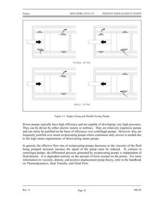 Pumps                                  DOE-HDBK-1018/1-93         POSITIVE DISPLACEMENT PUMPS




                          Figure 13 Single-Acting and Double-Acting Pumps


Power pumps typically have high efficiency and are capable of developing very high pressures.
They can be driven by either electric motors or turbines. They are relatively expensive pumps
and can rarely be justified on the basis of efficiency over centrifugal pumps. However, they are
frequently justified over steam reciprocating pumps where continuous duty service is needed due
to the high steam requirements of direct-acting steam pumps.

In general, the effective flow rate of reciprocating pumps decreases as the viscosity of the fluid
being pumped increases because the speed of the pump must be reduced. In contrast to
centrifugal pumps, the differential pressure generated by reciprocating pumps is independent of
fluid density. It is dependent entirely on the amount of force exerted on the piston. For more
information on viscosity, density, and positive displacement pump theory, refer to the handbook
on Thermodynamics, Heat Transfer, and Fluid Flow.




Rev. 0                                       Page 21                                       ME-03
 