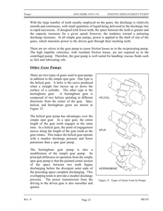 Pumps                                 DOE-HDBK-1018/1-93         POSITIVE DISPLACEMENT PUMPS


     With the large number of teeth usually employed on the gears, the discharge is relatively
     smooth and continuous, with small quantities of liquid being delivered to the discharge line
     in rapid succession. If designed with fewer teeth, the space between the teeth is greater and
     the capacity increases for a given speed; however, the tendency toward a pulsating
     discharge increases. In all simple gear pumps, power is applied to the shaft of one of the
     gears, which transmits power to the driven gear through their meshing teeth.

     There are no valves in the gear pump to cause friction losses as in the reciprocating pump.
     The high impeller velocities, with resultant friction losses, are not required as in the
     centrifugal pump. Therefore, the gear pump is well suited for handling viscous fluids such
     as fuel and lubricating oils.

     Other Gear Pumps

     There are two types of gears used in gear pumps
     in addition to the simple spur gear. One type is
     the helical gear. A helix is the curve produced
     when a straight line moves up or down the
     surface of a cylinder. The other type is the
     herringbone gear.      A herringbone gear is
     composed of two helixes spiraling in different
     directions from the center of the gear. Spur,
     helical, and herringbone gears are shown in
     Figure 15.

     The helical gear pump has advantages over the
     simple spur gear. In a spur gear, the entire
     length of the gear tooth engages at the same
     time. In a helical gear, the point of engagement
     moves along the length of the gear tooth as the
     gear rotates. This makes the helical gear operate
     with a steadier discharge pressure and fewer
     pulsations than a spur gear pump.

     The herringbone gear pump is also a
     modification of the simple gear pump. Its
     principal difference in operation from the simple
     spur gear pump is that the pointed center section
     of the space between two teeth begins
     discharging before the divergent outer ends of
     the preceding space complete discharging. This
     overlapping tends to provide a steadier discharge
     pressure. The power transmission from the            Figure 15 Types of Gears Used In Pumps
     driving to the driven gear is also smoother and
     quieter.


Rev. 0                                       Page 23                                        ME-03
 