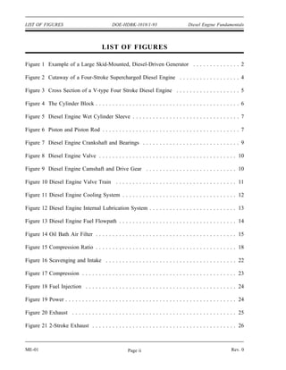 LIST OF FIGURES                                DOE-HDBK-1018/1-93                        Diesel Engine Fundamentals




                                          LIST OF FIGURES

Figure 1 Example of a Large Skid-Mounted, Diesel-Driven Generator . . . . . . . . . . . . . . 2

Figure 2 Cutaway of a Four-Stroke Supercharged Diesel Engine . . . . . . . . . . . . . . . . . . 4

Figure 3 Cross Section of a V-type Four Stroke Diesel Engine . . . . . . . . . . . . . . . . . . . 5

Figure 4 The Cylinder Block . . . . . . . . . . . . . . . . . . . . . . . . . . . . . . . . . . . . . . . . . . . 6

Figure 5 Diesel Engine Wet Cylinder Sleeve . . . . . . . . . . . . . . . . . . . . . . . . . . . . . . . . 7

Figure 6 Piston and Piston Rod . . . . . . . . . . . . . . . . . . . . . . . . . . . . . . . . . . . . . . . . . 7

Figure 7 Diesel Engine Crankshaft and Bearings . . . . . . . . . . . . . . . . . . . . . . . . . . . . . 9

Figure 8 Diesel Engine Valve . . . . . . . . . . . . . . . . . . . . . . . . . . . . . . . . . . . . . . . . . 10

Figure 9 Diesel Engine Camshaft and Drive Gear . . . . . . . . . . . . . . . . . . . . . . . . . . . 10

Figure 10 Diesel Engine Valve Train . . . . . . . . . . . . . . . . . . . . . . . . . . . . . . . . . . . . 11

Figure 11 Diesel Engine Cooling System . . . . . . . . . . . . . . . . . . . . . . . . . . . . . . . . . . 12

Figure 12 Diesel Engine Internal Lubrication System . . . . . . . . . . . . . . . . . . . . . . . . . . 13

Figure 13 Diesel Engine Fuel Flowpath . . . . . . . . . . . . . . . . . . . . . . . . . . . . . . . . . . . 14

Figure 14 Oil Bath Air Filter . . . . . . . . . . . . . . . . . . . . . . . . . . . . . . . . . . . . . . . . . . 15

Figure 15 Compression Ratio . . . . . . . . . . . . . . . . . . . . . . . . . . . . . . . . . . . . . . . . . . 18

Figure 16 Scavenging and Intake . . . . . . . . . . . . . . . . . . . . . . . . . . . . . . . . . . . . . . . 22

Figure 17 Compression . . . . . . . . . . . . . . . . . . . . . . . . . . . . . . . . . . . . . . . . . . . . . . 23

Figure 18 Fuel Injection . . . . . . . . . . . . . . . . . . . . . . . . . . . . . . . . . . . . . . . . . . . . . 24

Figure 19 Power . . . . . . . . . . . . . . . . . . . . . . . . . . . . . . . . . . . . . . . . . . . . . . . . . . . 24

Figure 20 Exhaust . . . . . . . . . . . . . . . . . . . . . . . . . . . . . . . . . . . . . . . . . . . . . . . . . 25

Figure 21 2-Stroke Exhaust . . . . . . . . . . . . . . . . . . . . . . . . . . . . . . . . . . . . . . . . . . . 26



ME-01                                                   Page ii                                                  Rev. 0
 