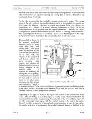 Diesel Engine Fundamentals              DOE-HDBK-1018/1-93                         DIESEL ENGINES


         pushrods and rocker arms transfer the reciprocating motion generated by the camshaft
         lobes to the valves and injectors, opening and closing them as needed. The valves are
         maintained closed by springs.

         As the valve is opened by the camshaft, it compresses the valve spring. The energy
         stored in the valve spring is then used to close the valve as the camshaft lobe rotates out
         from under the follower. Because an engine experiences fairly large changes in
         temperature (e.g., ambient to a normal running temperature of about 190°F), its
         components must be designed to allow for thermal expansion. Therefore, the valves,
         valve pushrods, and rocker arms must have some method of allowing for the expansion.
         This is accomplished by the use of valve lash. Valve lash is the term given to the "slop"
         or "give" in the valve train before the cam actually starts to open the valve.

         The camshaft is driven by
         the engine's crankshaft
         through a series of gears
         called idler gears and
         timing gears. The gears
         allow the rotation of the
         camshaft to correspond or
         be in time with, the
         rotation of the crankshaft
         and thereby allows the
         valve opening, valve
         closing, and injection of
         fuel to be timed to occur at
         precise intervals in the
         piston's travel.         To
         increase the flexibility in
         timing the valve opening,
         valve closing, and injection
         of fuel, and to increase
         power or to reduce cost,
         an engine may have one or                  Figure 10 Diesel Engine Valve Train
         more camshafts. Typically,
         in a medium to large V-type engine, each bank will have one or more camshafts per head.
         In the larger engines, the intake valves, exhaust valves, and fuel injectors may share a
         common camshaft or have independent camshafts.

         Depending on the type and make of the engine, the location of the camshaft or shafts
         varies. The camshaft(s) in an in-line engine is usually found either in the head of the
         engine or in the top of the block running down one side of the cylinder bank. Figure 10
         provides an example of an engine with the camshaft located on the side of the engine.
         Figure 3 provides an example of an overhead cam arrangement as on a V-type engine.
         On small or mid-sized V-type engines, the camshaft is usually located in the block at the



Rev. 0                                         Page 11                                       ME-01
 