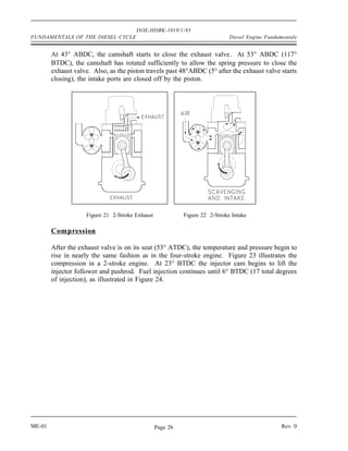 DOE-HDBK-1018/1-93
FUNDAMENTALS OF THE DIESEL CYCLE                                             Diesel Engine Fundamentals


        At 43° ABDC, the camshaft starts to close the exhaust valve. At 53° ABDC (117°
        BTDC), the camshaft has rotated sufficiently to allow the spring pressure to close the
        exhaust valve. Also, as the piston travels past 48°ABDC (5° after the exhaust valve starts
        closing), the intake ports are closed off by the piston.




                    Figure 21 2-Stroke Exhaust             Figure 22 2-Stroke Intake

        Compression

        After the exhaust valve is on its seat (53° ATDC), the temperature and pressure begin to
        rise in nearly the same fashion as in the four-stroke engine. Figure 23 illustrates the
        compression in a 2-stroke engine. At 23° BTDC the injector cam begins to lift the
        injector follower and pushrod. Fuel injection continues until 6° BTDC (17 total degrees
        of injection), as illustrated in Figure 24.




ME-01                                            Page 26                                         Rev. 0
 