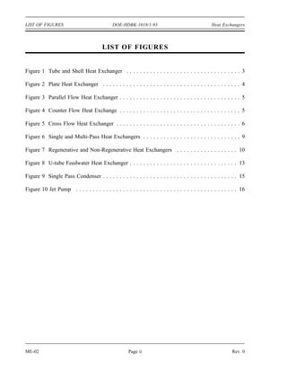 LIST OF FIGURES                               DOE-HDBK-1018/1-93                                   Heat Exchangers



                                        LIST OF FIGURES


Figure 1 Tube and Shell Heat Exchanger . . . . . . . . . . . . . . . . . . . . . . . . . . . . . . . . . . 3

Figure 2 Plate Heat Exchanger . . . . . . . . . . . . . . . . . . . . . . . . . . . . . . . . . . . . . . . . . 4

Figure 3 Parallel Flow Heat Exchanger . . . . . . . . . . . . . . . . . . . . . . . . . . . . . . . . . . . . 5

Figure 4 Counter Flow Heat Exchange . . . . . . . . . . . . . . . . . . . . . . . . . . . . . . . . . . . . 5

Figure 5 Cross Flow Heat Exchanger . . . . . . . . . . . . . . . . . . . . . . . . . . . . . . . . . . . . . 6

Figure 6 Single and Multi-Pass Heat Exchangers . . . . . . . . . . . . . . . . . . . . . . . . . . . . . 9

Figure 7 Regenerative and Non-Regenerative Heat Exchangers . . . . . . . . . . . . . . . . . . 10

Figure 8 U-tube Feedwater Heat Exchanger . . . . . . . . . . . . . . . . . . . . . . . . . . . . . . . . 13

Figure 9 Single Pass Condenser . . . . . . . . . . . . . . . . . . . . . . . . . . . . . . . . . . . . . . . . 15

Figure 10 Jet Pump . . . . . . . . . . . . . . . . . . . . . . . . . . . . . . . . . . . . . . . . . . . . . . . . 16




ME-02                                                 Page ii                                                 Rev. 0
 