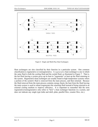 Heat Exchangers                        DOE-HDBK-1018/1-93              TYPES OF HEAT EXCHANGERS




                           Figure 6 Single and Multi-Pass Heat Exchangers



Heat exchangers are also classified by their function in a particular system. One common
classification is regenerative or nonregenerative. A regenerative heat exchanger is one in which
the same fluid is both the cooling fluid and the cooled fluid, as illustrated in Figure 7. That is,
the hot fluid leaving a system gives up its heat to "regenerate" or heat up the fluid returning to
the system. Regenerative heat exchangers are usually found in high temperature systems where
a portion of the system's fluid is removed from the main process, and then returned. Because
the fluid removed from the main process contains energy (heat), the heat from the fluid leaving
the main system is used to reheat (regenerate) the returning fluid instead of being rejected to an
external cooling medium to improve efficiency. It is important to remember that the term
regenerative/nonregenerative only refers to "how" a heat exchanger functions in a system, and
does not indicate any single type (tube and shell, plate, parallel flow, counter flow, etc.).




Rev. 0                                        Page 9                                        ME-02
 